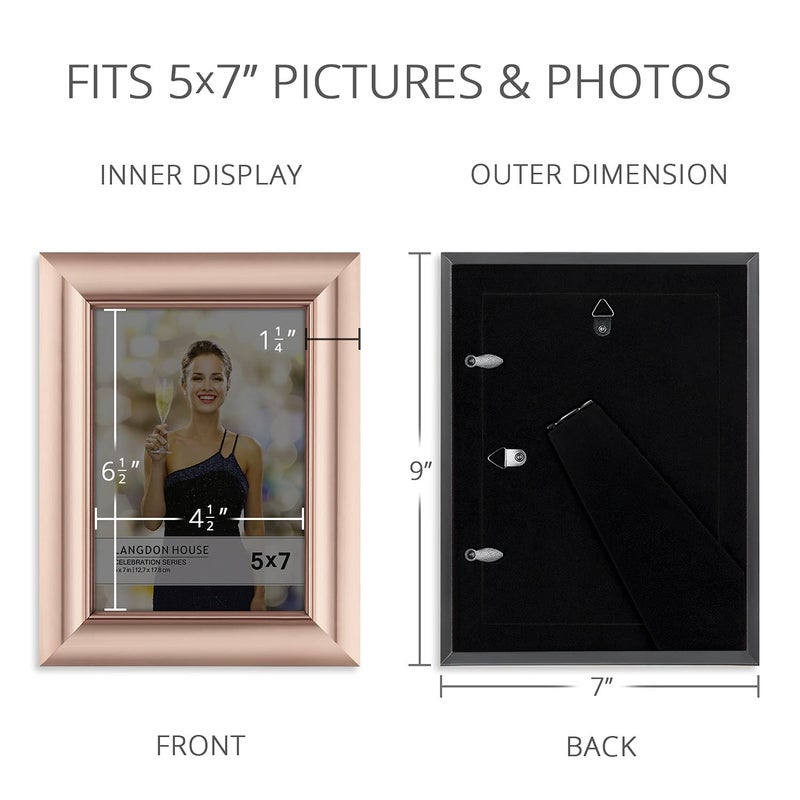 Langdon House 5x7 Picture Frames (Rose Gold, 3 Pack), Contemporary Glam Photo Frames 5 x 7, Wall Mount or Table Top, Celebration Collection - Image 3
